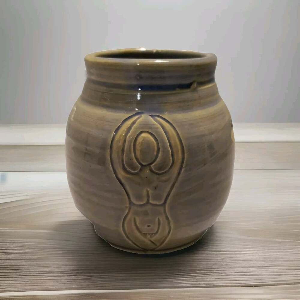 Pottery Candle Handcrafted Glazed Purple/Tan WOMANLY self Love Votive Signed 5"
